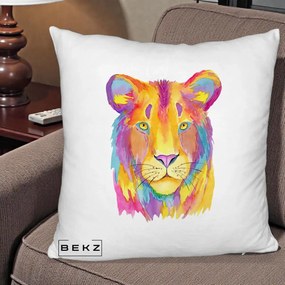 Perna Decorativa Leu Acuarela Curcubeu, 40x40 cm, Alb Pufos, Husa Detasabila, Perna Inclusa, BEKZ®
