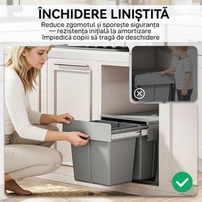 HOMCOM Cos de Gunoi Extractibil Sub Chiuveta 31L, 3 Recipiente Detasabile, 48x34,3x35,1 cm, Gri Deschis | Aosom Romania