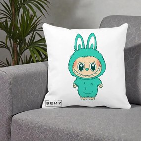 Perna Personalizata Labubu Turcoaz, 40x40 cm, Alba Mata, Husa Detasabila, Perna Inclusa, BEKZ®