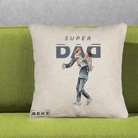 Cadou pentru Tata - Perna Personalizata Super DAD Tata si Fiica, 40x40 cm, Bej Canapea, Husa Detasabila, Perna Inclusa, BEKZ®