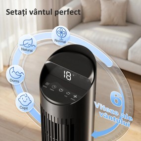 HOMCOM Ventilator de Coloană 116 cm, ventilator WiFi cu aplicație de control, dormitor, culoare neagră | Aosom Romania