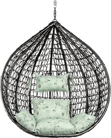 Scaun suspendat negru KOKON fara suport, perna verde deschis cu model