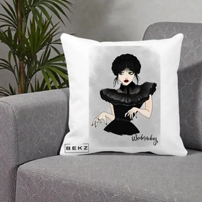 Perna Personalizata Wednesday Addams Portret Gotic, 40x40 cm, Alba Mata, Husa Detasabila, Perna Inclusa, BEKZ®