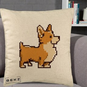 Perna Personalizata Corgi Pixel Art, 40x40 cm, Bej, Husa Detasabila, Perna Inclusa, BEKZ®
