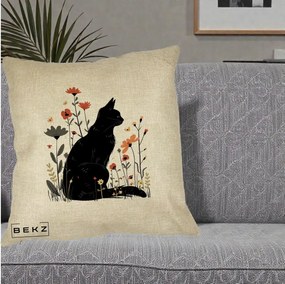 Perna Decorativa Pisica Neagra Profil Flori Portocalii, 40x40 cm, Crem, Husa Detasabila, Perna Inclusa, BEKZ®
