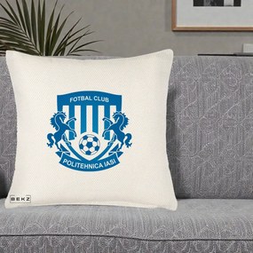 Perna Personalizata FC Politehnica Iasi Fotbal, 40x40 cm, Crem Reliefat, Husa Detasabila, Perna Inclusa, BEKZ®