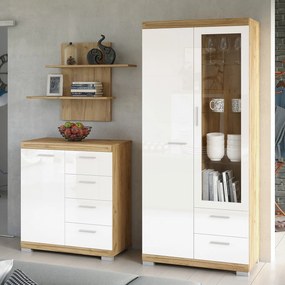 Mazzoni Set de mobilier SIMPLE Stejar Craft Auriu/Alb Luciu - VITRINĂ RAFTURI SUSPENDAT COMODĂ PENTRU LIVING