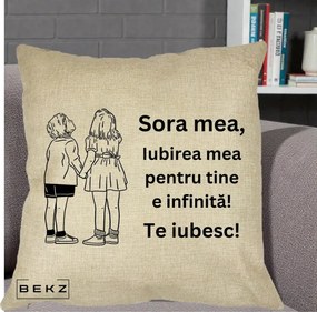 Cadou pentru Sora - Perna Personalizata Sora Mea Te Iubesc Copii Tinand Maini Line Art, 40x40 cm, Crem, Husa Detasabila, Perna Inclusa, BEKZ®