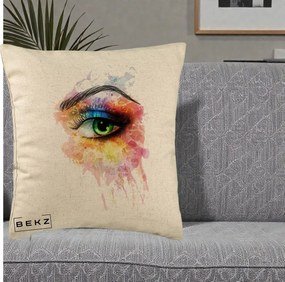 Perna Decorativa Ochi Verde Acuarela, 40x40 cm, Bej, Husa Detasabila, Perna Inclusa, BEKZ®