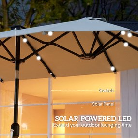 Outsunny Umbrelă dublă, umbrelă terasă, înclinabilă, cu panou solar, 35 LED-uri, cadru din oțel, bej, 2,92 x 1,50 x 2,18 m | Aosom Romania