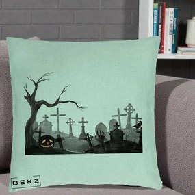 Perna Decorativa Halloween Cimitir Acuarela cu Dovleac, 40x40 cm, Verde Menta, Husa Detasabila, Perna Inclusa, BEKZ®