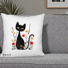 Perna Decorativa Pisica Neagra Ochi Galbeni Flori, 40x40 cm, Alb Pufos, Husa Detasabila, Perna Inclusa, BEKZ®