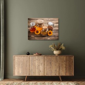 Tablou pe sticlă - Natura morta cu borcane de miere (70x50 cm)