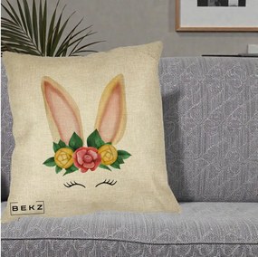 Perna Decorativa Iepuras Flori Urechi Pastelui, 40x40 cm, Crem, Husa Detasabila, Perna Inclusa, BEKZ®