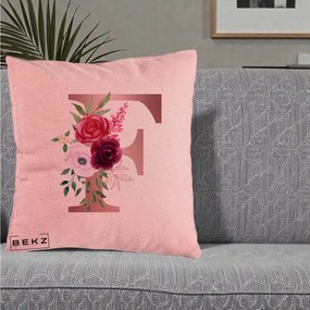 Cadou Personalizat - Perna Personalizata Monograma Rose Gold Litera F, 40x40 cm, Roz, Husa Detasabila, Perna Inclusa, BEKZ®