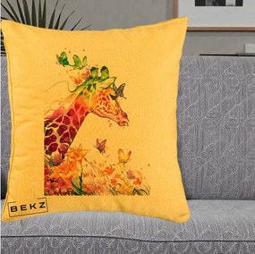 Perna Decorativa Girafa Curcubeu Acuarela, 40x40 cm, Galben, Husa Detasabila, Perna Inclusa, BEKZ®