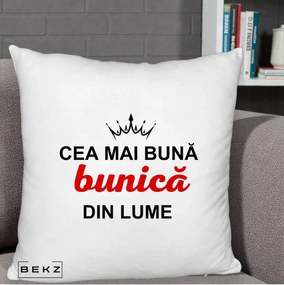 Cadou pentru Bunica - Perna Personalizata Cea Mai Buna Bunica Din Lume Coroana Neagra, 40x40 cm, Alb Pufos, Husa Detasabila, Perna Inclusa, BEKZ®