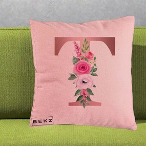 Cadou Personalizat - Perna Personalizata Monograma Rose Gold Litera T, 40x40 cm, Roz, Husa Detasabila, Perna Inclusa, BEKZ®