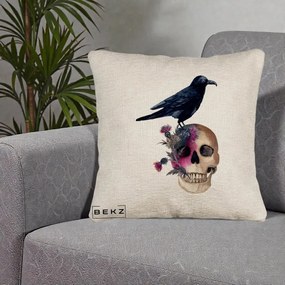 Perna Decorativa Craniu cu Corb si Flori Gothic, 40x40 cm, Bej Canapea, Husa Detasabila, Perna Inclusa, BEKZ®