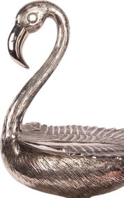 Etajeră pentru prăjituri și fructe din aluminiu reciclat, argintie, cu 3 niveluri, flamingo decorativ, finisaj lucios, 65 x 34 x 24 cm, „Camargue”