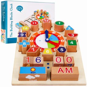 Ceas puzzle 3D tip Montessori din lemn masiv NOVOKIDS™ Learning Clock, 18 piese, Cu forme geometrice si Numere, Materiale Eco, Multicolor