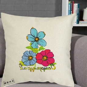 Perna Decorativa Trei Flori Grafice Pop Art, 40x40 cm, Ecru, Husa Detasabila, Perna Inclusa, BEKZ®