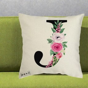 Cadou Personalizat - Perna Personalizata Monograma Florala Litera J, 40x40 cm, Ecru, Husa Detasabila, Perna Inclusa, BEKZ®