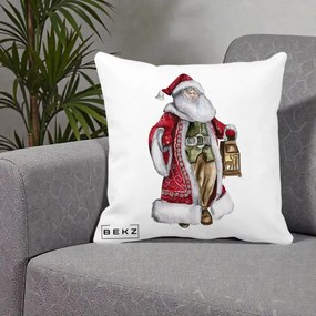 Perna Decorativa Mos Craciun Vintage cu Felinar, 40x40 cm, Alba Mata, Husa Detasabila, Perna Inclusa, BEKZ®