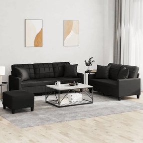 3201393 vidaXL Set de canapele cu perne, 3 piese, negru, piele ecologică