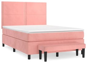 Pat box spring cu saltea, roz, 140x190 cm, catifea Roz, 140 x 190 cm, Culoare unica si cuie de tapiterie