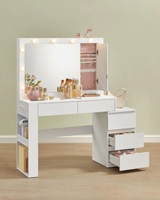 Masuta machiaj cu Oglinda LED si 5 Sertare pentru Cosmetice, Set Masa toaleta 125 cm, Alb, masuta cosmetica, vanity - SEA803