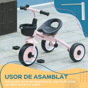 AIYAPLAY Tricicleta pentru Copii 2-5 Ani cu Scaun Reglabil, Bicicletă pentru Copii cu Coș, 70,5x53x58 cm, Roz | Aosom Romania