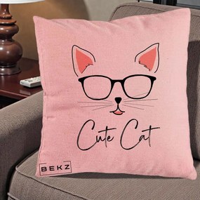 Perna Personalizata Cute Cat cu Ochelari, 40x40 cm, Roz, Husa Detasabila, Perna Inclusa, BEKZ®