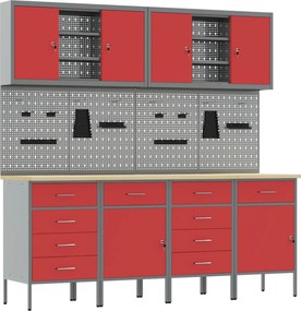 vidaXL Dulap de lucru cu sertar 10 pcs Roșu Lemn ingineresc și oțel