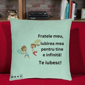 Cadou pentru Frate - Perna Personalizata Fratele Meu Te Iubesc Copii Batalie Perne, 40x40 cm, Verde Menta, Husa Detasabila, Perna Inclusa, BEKZ®