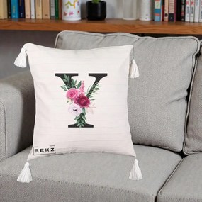 Cadou Personalizat - Perna Personalizata Monograma Florala Litera Y cu Buchet, 40x40 cm, Bej cu Franjuri, Husa Detasabila, Perna Inclusa, BEKZ®
