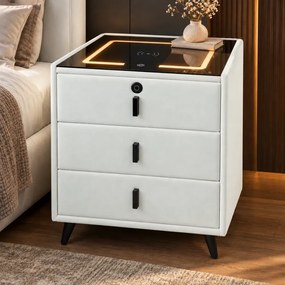 Noptieră inteligentă multifuncțională, 3 sertare, blocare cu amprentă, LED-uri tactile, 3 tipuri de culoare, încărcare fără fir, Difuzor Bluetooth, incarcare USB, sticla securizata, catifea