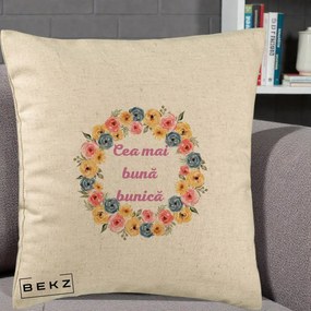 Cadou pentru Bunica - Perna Personalizata Cea Mai Buna Bunica Coronita Flori Multicolore, 40x40 cm, Bej, Husa Detasabila, Perna Inclusa, BEKZ®