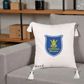 Perna Personalizata Corona Brasov Fotbal, 40x40 cm, Bej cu Franjuri, Husa Detasabila, Perna Inclusa, BEKZ®