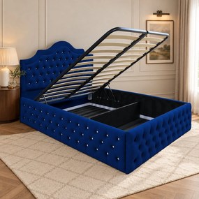 Pat tapițat Chesterfield din catifea Imperio Deluxe 180×200 cm, bleumarin, cu ladă de depozitare