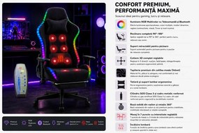 RESIGILAT- Scaun Gaming cu Masaj 7 Puncte și Încălzire, RGB, Iluminare LED Multicolor, Telecomenzi, Cotiere 3D, Reclinare 180°, Suport Picioare, Catifea, Negru