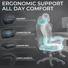 DOWINX – Scaun Gaming, Suport Lombar cu Masaj, Șezut cu Arcuri Metalice și Spumă, Rabatabil 90°-160°, Suport picioare, Rezistent 160 kg, material textil, Gri Inchis