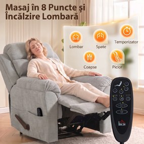 HOMCOM Fotoliu Reclinabil cu Masaj Manual  135°, Încălzire și 8 Puncte de Masaj, Chenille, 87x95x109 cm, Gri Deschis | Aosom Romania