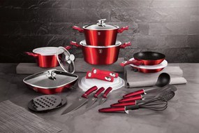 Set oale si tigai marmorate, antiaderente, cu capace, ustensile si cutite, 24 piese Burgundy Metalic Line Berlinger Haus BH 7184