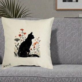 Perna Decorativa Pisica Neagra Profil Flori Portocalii, 40x40 cm, Ecru, Husa Detasabila, Perna Inclusa, BEKZ®