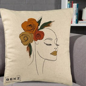 Perna Decorativa Portret Feminin Trandafiri Ruginii, 40x40 cm, Bej, Husa Detasabila, Perna Inclusa, BEKZ®