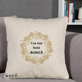 Cadou pentru Bunica - Perna Personalizata Cea Mai Buna Bunica Coronita Frunze Acuarela, 40x40 cm, Bej Canapea, Husa Detasabila, Perna Inclusa, BEKZ®