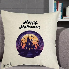 Perna Decorativa Happy Halloween Casa Bantuita Violet, 40x40 cm, Ecru, Husa Detasabila, Perna Inclusa, BEKZ®