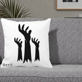 Perna Decorativa Halloween Maini Zombie Alb-Negru, 40x40 cm, Alba Mata, Husa Detasabila, Perna Inclusa, BEKZ®