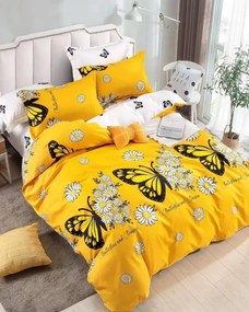 Lenjerie de pat cu 2 fete, tesatura tip finet, 6 piese, pat 2 persoane, galben / negru, FNJ-229